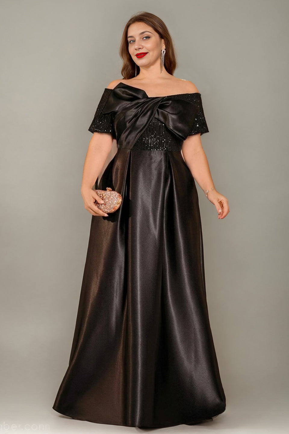 Curveins Plus Size Off Shoulder Bow Tie Front Waist Defining Long Dress Chic Maxi Dress