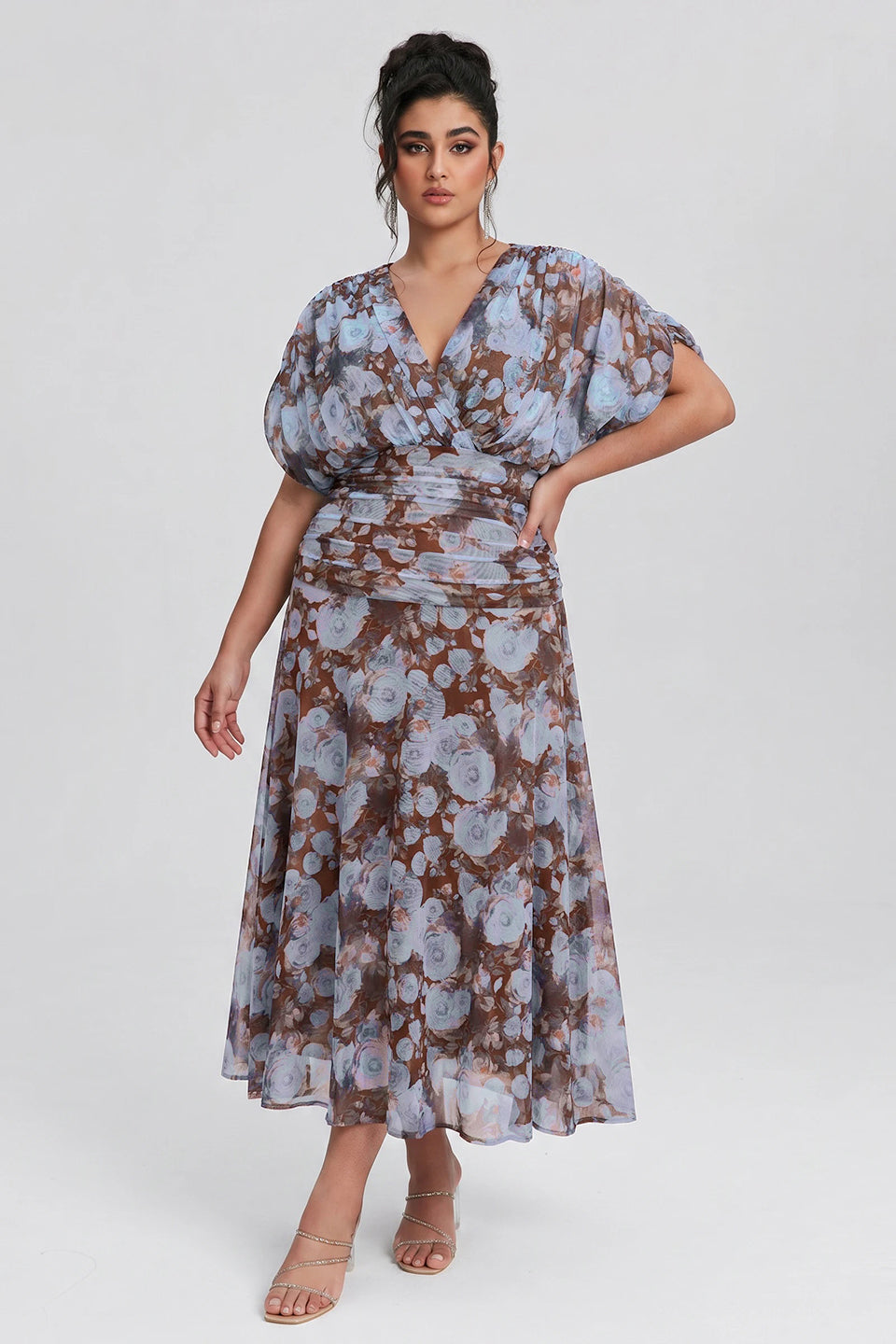 Curveins Plus Size V Neck Puff Sleeve Waist Defining Floral Print Elegant Maxi Dress
