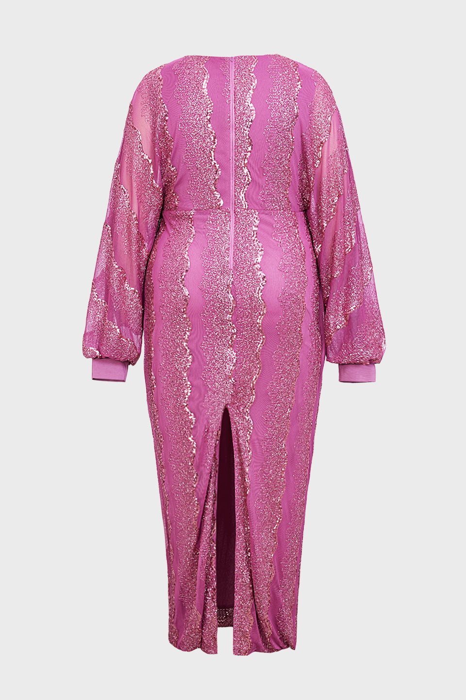 Curveins Plus Size V-Neck Sequin Balloon Sleeve Back-Slit Elegant Evening Maxi Dress