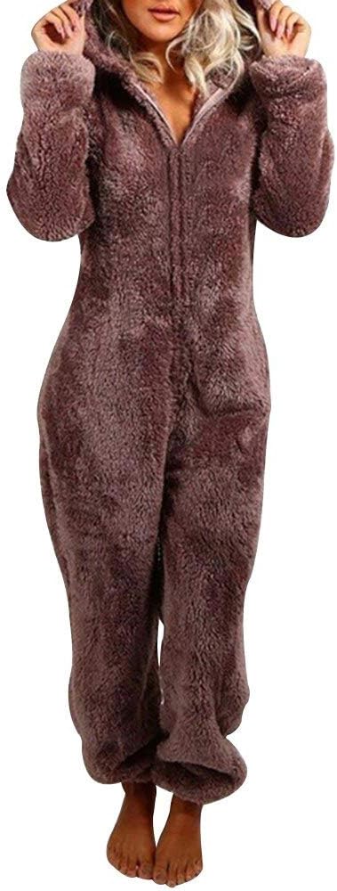 Womens Fleece Onesies Pajamas Jumpsuit Warm Sherpa Romper Sleepwear One Piece Zipper Hooded Playsuit Loungewear