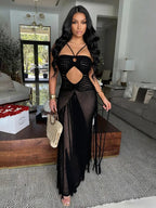 Women's crochet knit maxi dress with fringe, sexy cutout, open back, bohemian style; perfect for beach parties, summer vacations, and resort wear.