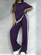 Women's Casual Athleisure Sportswear Set, Solid Color Round-Neck Short-Sleeve Split-Hem Top and Striped Long Pants, Spring/Summer Two-Piece Set