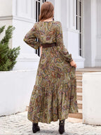 Women's Boho Style Long Sleeve Woven Paisley Print Dress, Fitted Waist Design, Comfortable, Casual & Stylish for All Seasons, Perfect for Beach