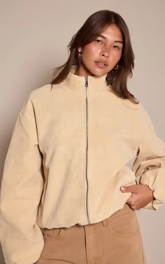 Mushroom Faux Suede Bomber Jacket
