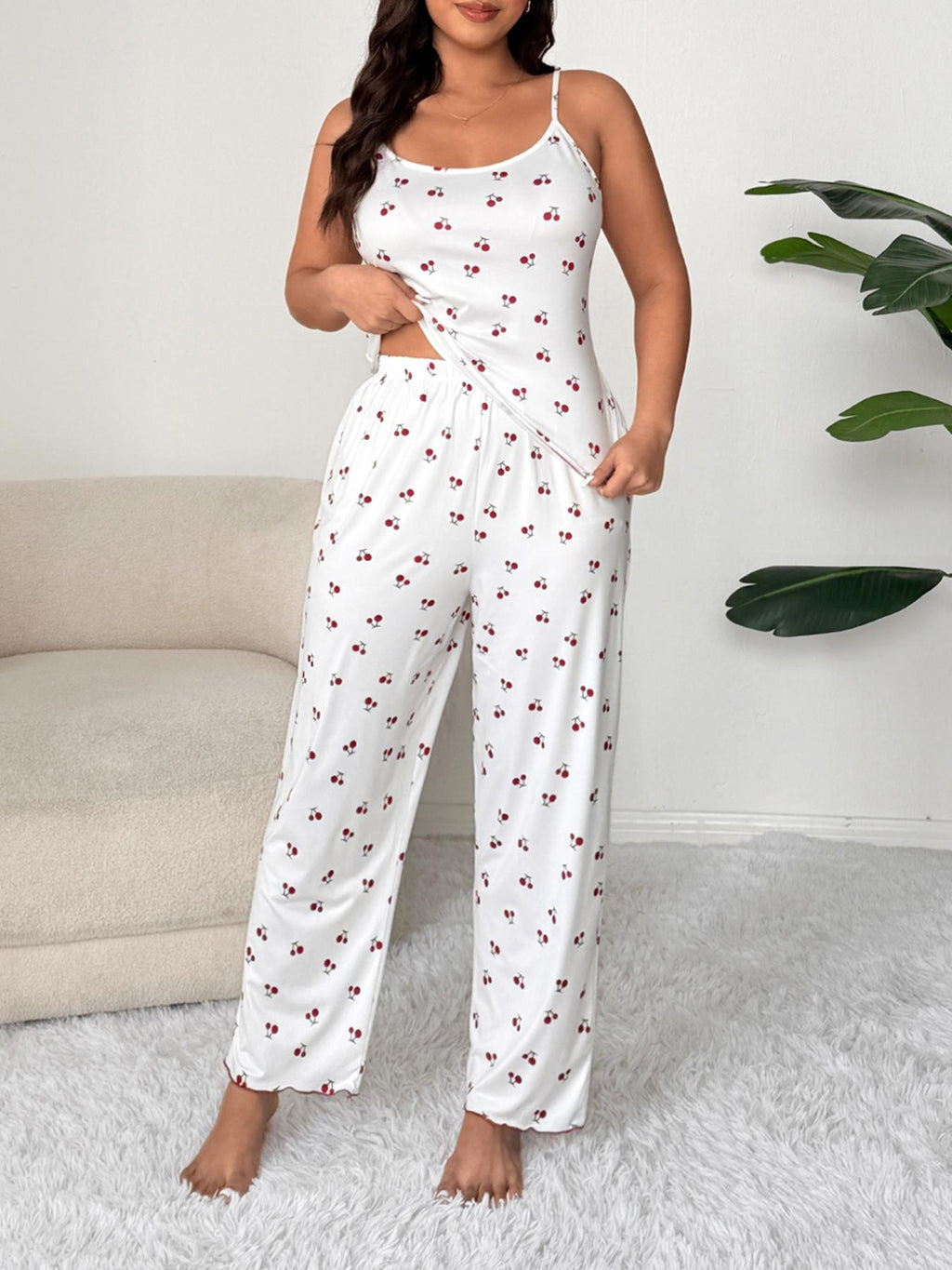 Plus Size Cherry Print Women's Sweet Comfortable Belted Robe & Sleeveless Long Pants & Cami Set