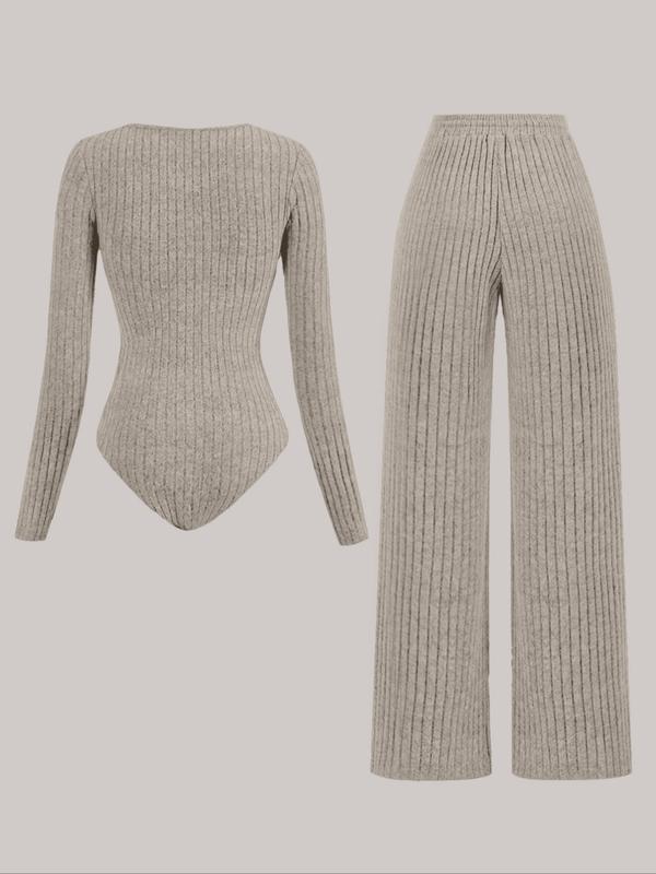 Women's Slim-Fit Solid Color Ribbed Fleece Jumpsuit Set, Wide Leg Pants, Fashionable Comfortable Fabric for Daily Wear