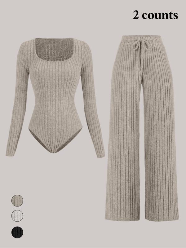 Women's Slim-Fit Solid Color Ribbed Fleece Jumpsuit Set, Wide Leg Pants, Fashionable Comfortable Fabric for Daily Wear