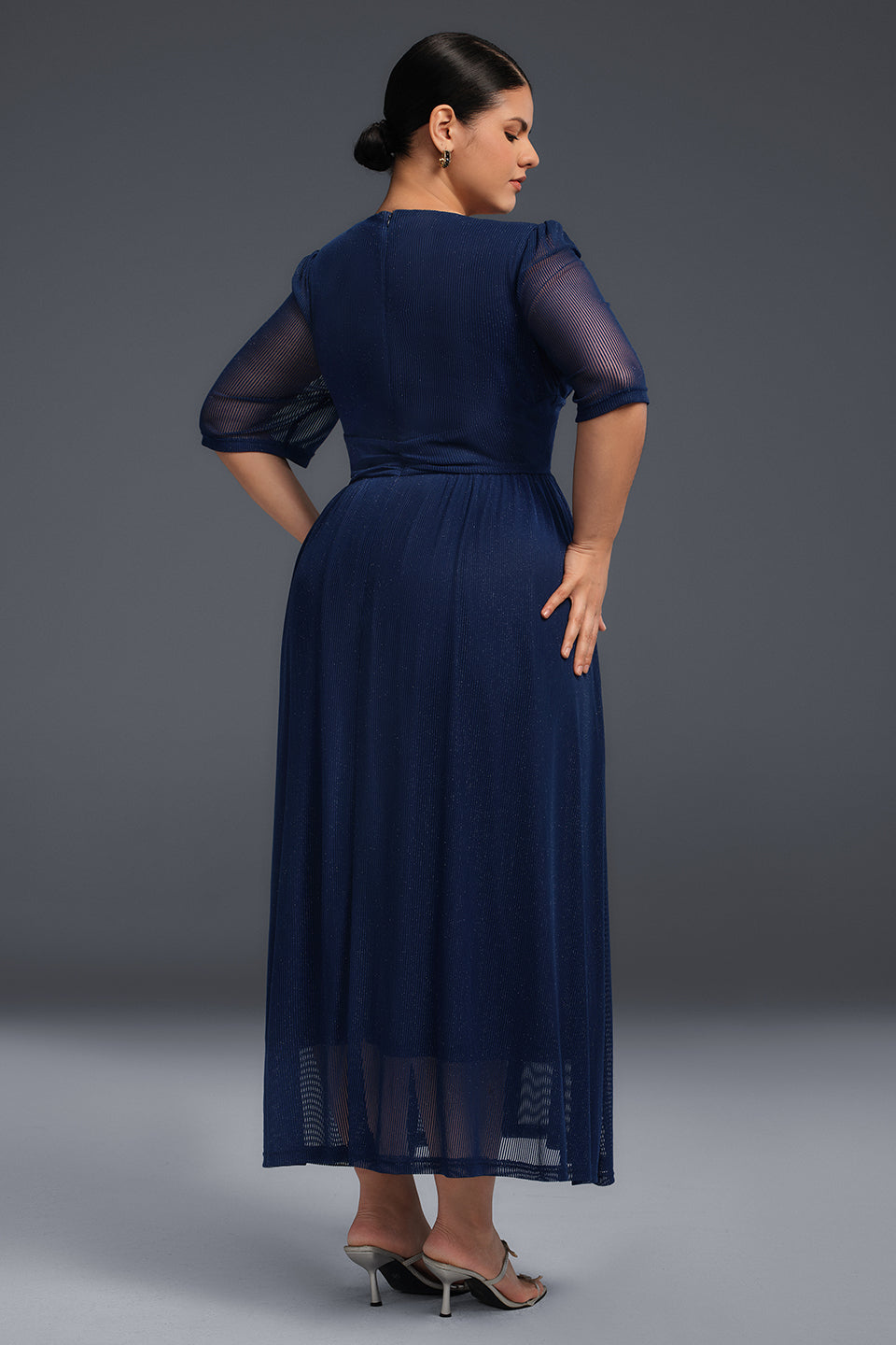 Curveins Plus Size V-Neck Long Sleeve Ruffle Hem Maxi Dress