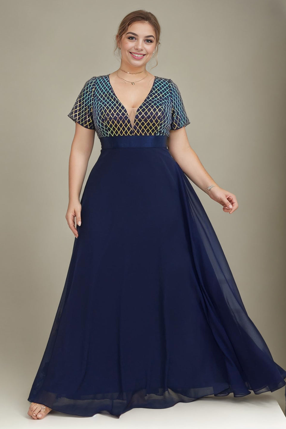 Curveins Plus Size Sequin V-Neck Short Sleeve Maxi Evening Gown