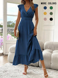 Women's Plain Shirred V Neck Dress, Elegant Fashion Casual Long Dress for Daily Outdoor Wear, Women's Dress for Summer
