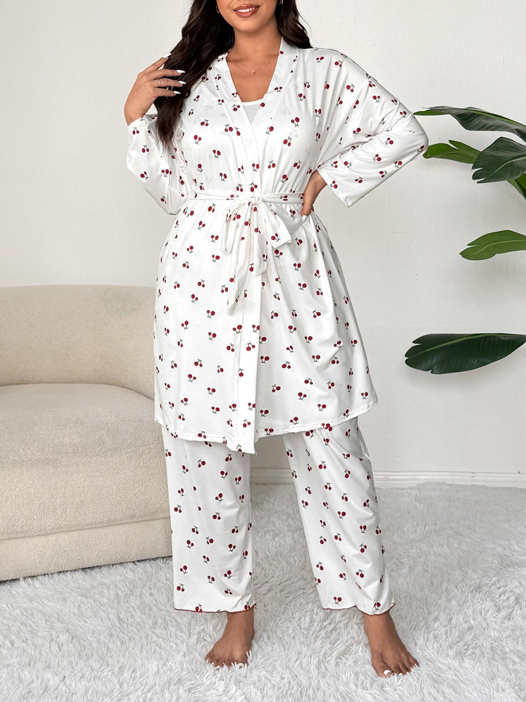 Plus Size Cherry Print Women's Sweet Comfortable Belted Robe & Sleeveless Long Pants & Cami Set