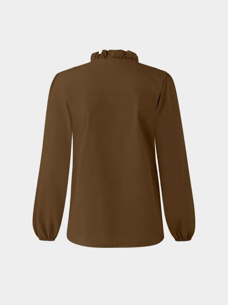 Women's Elegant V Neck Blouse with Ruffles, Loose-Fit Woven Shirt for All Seasons, Plain Pattern Casual Top for Office Wear