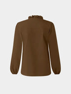 Women's Elegant V Neck Blouse with Ruffles, Loose-Fit Woven Shirt for All Seasons, Plain Pattern Casual Top for Office Wear