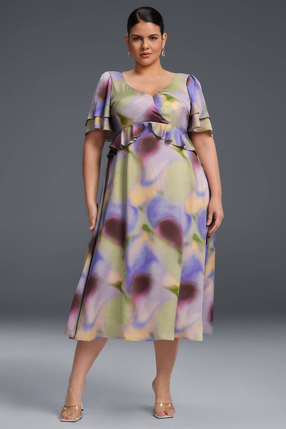 Curveins Plus Size V-Neck Double-Layered Ruffle Sleeve Maxi Dress