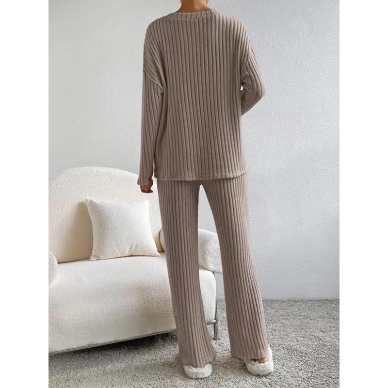 Women's Solid Drop Shoulder Pocket Lounge Set, Casual Long Sleeve V Neck Top & Straight Leg Pants Two-piece Set, Women's Sleepwear