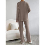 Women's Solid Drop Shoulder Pocket Lounge Set, Casual Long Sleeve V Neck Top & Straight Leg Pants Two-piece Set, Women's Sleepwear