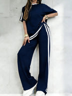 Women's Casual Athleisure Sportswear Set, Solid Color Round-Neck Short-Sleeve Split-Hem Top and Striped Long Pants, Spring/Summer Two-Piece Set