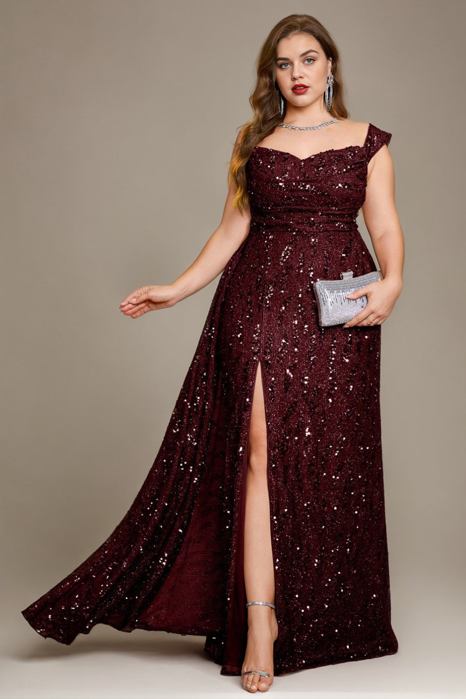 Curveins Plus Size V Neck Side Slit Spaghetti Strap Sequin Fitted Maxi Dress