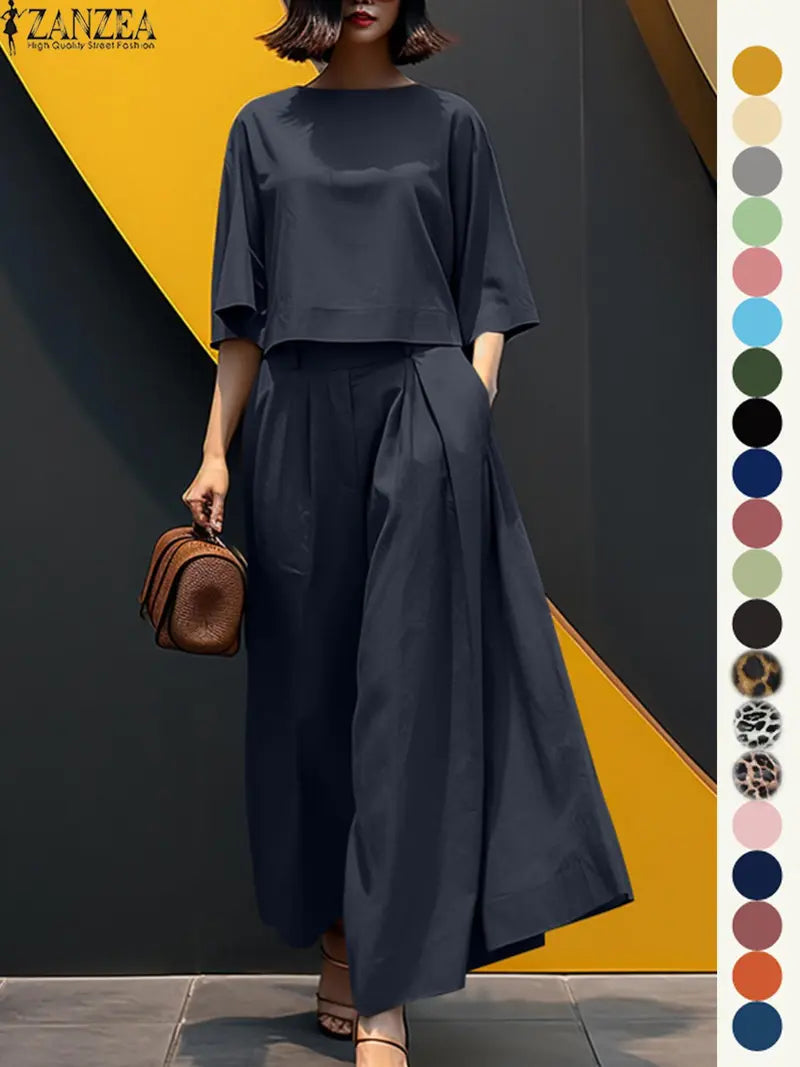 Women's Top & Wide Leg Pants Two-piece Set, Casual Fashion Minimalist Cozy Three Quarter Length Sleeve Top & Trousers for Daily Outdoor Wear, Ladies Clothes for All Seasons, Womenswear