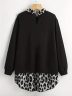 [Plus Size] Leopard Print Curved Hem Pullover Sweatshirt, Casual Long Sleeve Sweatshirt for Fall & Winter, Women's Clothing for Daily Wear