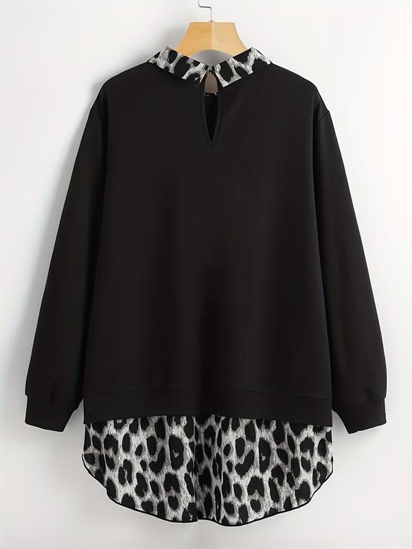 [Plus Size] Leopard Print Curved Hem Pullover Sweatshirt, Casual Long Sleeve Sweatshirt for Fall & Winter, Women's Clothing for Daily Wear