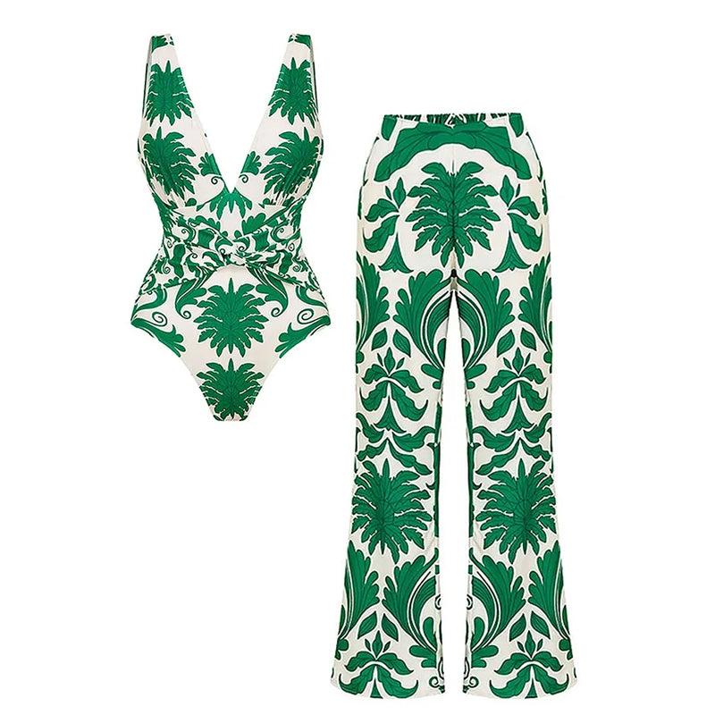 V Neck Green Printed Knotted at Waist Tummy Control One piece Swimsuit and Skirts or Pants
