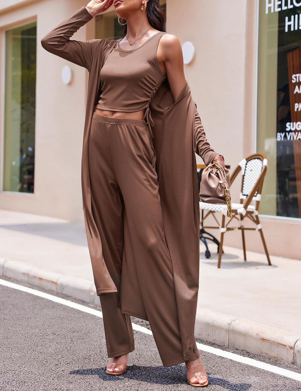 Women's 3 Piece Lounge Set Pajama Long Sleeve Cardigan Sleeveless Top Pants Sweatsuit
