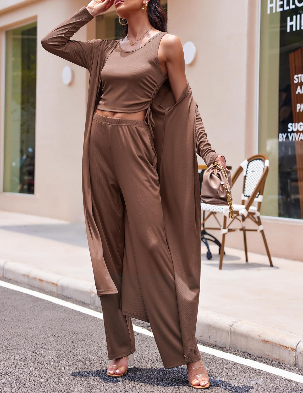 Women's 3 Piece Lounge Set Pajama Long Sleeve Cardigan Sleeveless Top Pants Sweatsuit