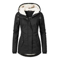 Winter Thickened Cotton Parka with Fleece Lining Hooded Warm Coat Mid-Length Women's Fitted Long Sleeve Outerwear Black Imitation Fur Tops for Casual Basic Minimalist Womenswear Elegance Style - Jackets