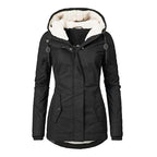 Winter Thickened Cotton Parka with Fleece Lining Hooded Warm Coat Mid-Length Women's Fitted Long Sleeve Outerwear Black Imitation Fur Tops for Casual Basic Minimalist Womenswear Elegance Style - Jackets