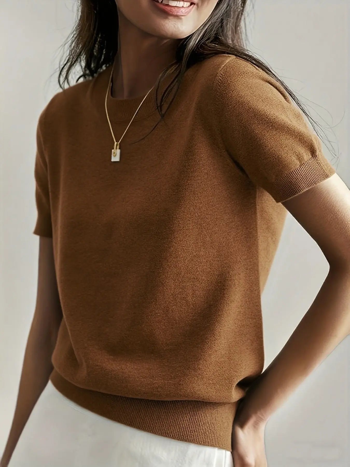 Women's Solid Color Crew Neck Short Sleeve Sweater, Casual Basic Knit Pullover for Spring & Fall, Fashion Women's Knitwear for Daily Wear, Womenswear