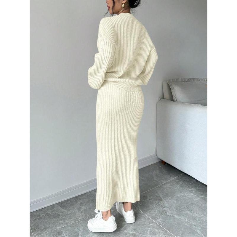 Women's Solid Button Front Sweater & Long Skirt Two-piece Set, Casual Drop Shoulder Long Sleeve Knit Top & High Waist Skirt for Daily Outdoor Wear, Women's Knitwear for Fall & Winter