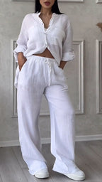 Women's V-neck Cotton and Linen Casual Suit