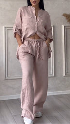 Women's V-neck Cotton and Linen Casual Suit