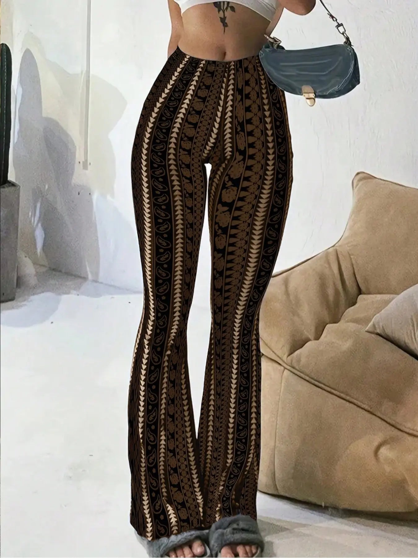 Women's Geometric Print Flared-Leg Knit Fitted Pants, Summer Casual Comfy Chic Trousers for Daily Wear, Ladies Bottoms for All Seasons