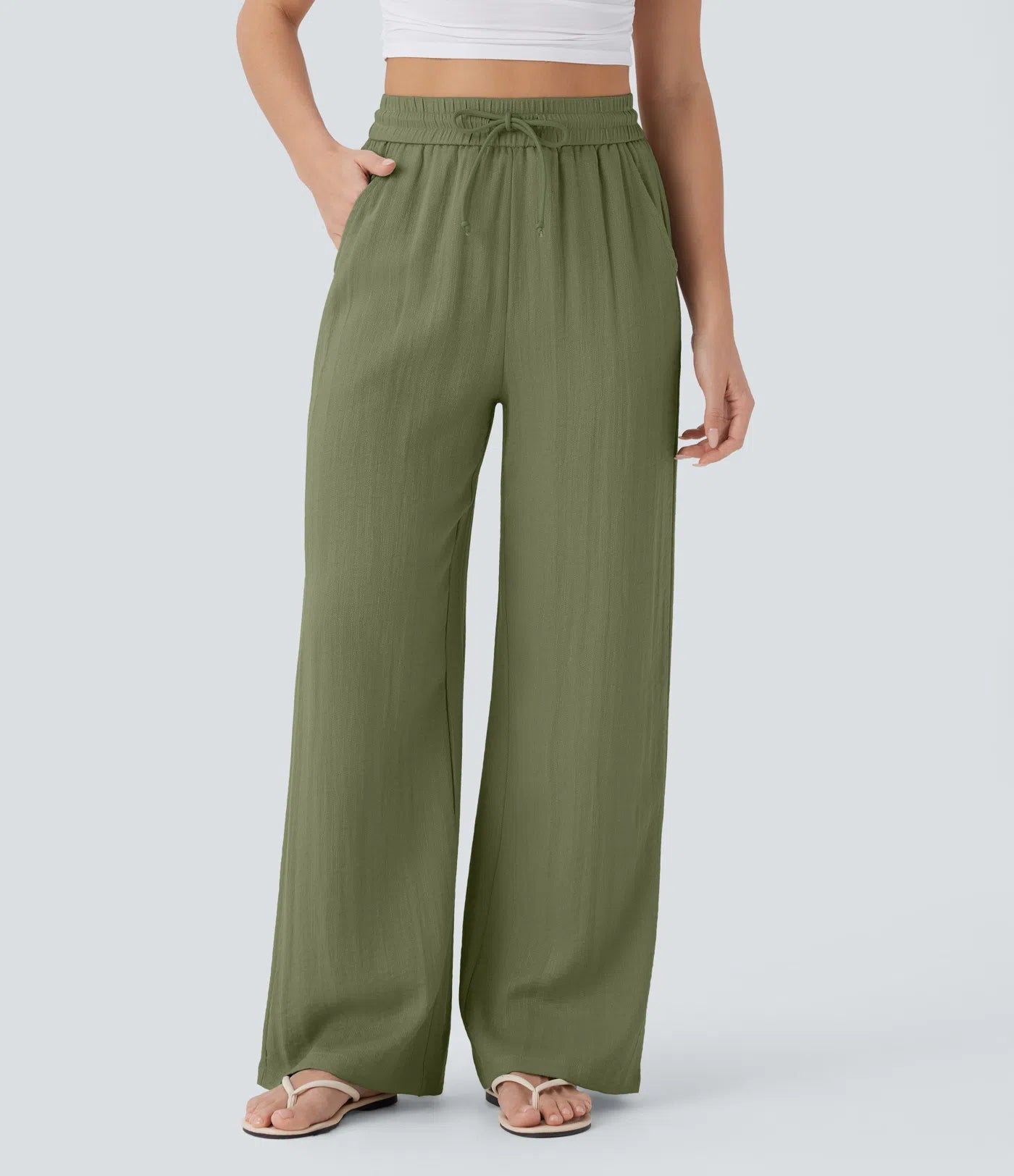 Casual High-Waisted Linen Trousers with Drawstring and Wide Pockets