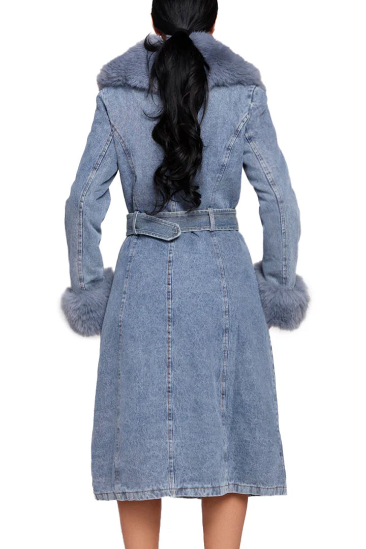 Women Fur Collar Patchwork Temperament Casual Denim Coat