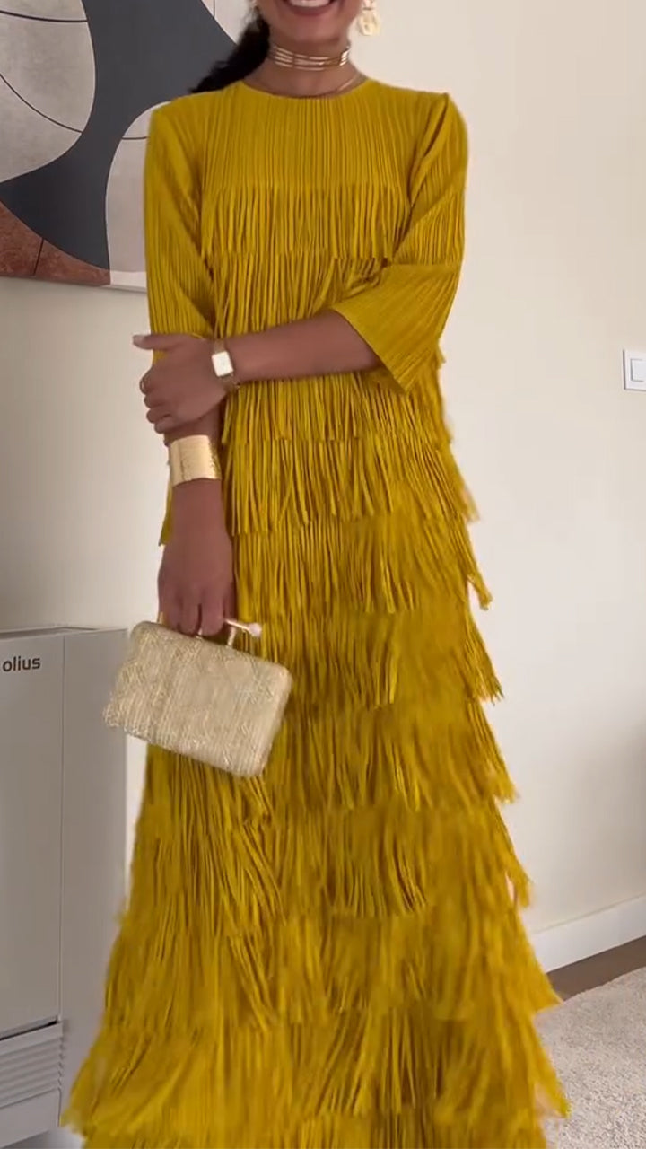Women Round Neck Solid Color Patchwork Tassel Elegant Casual Dress