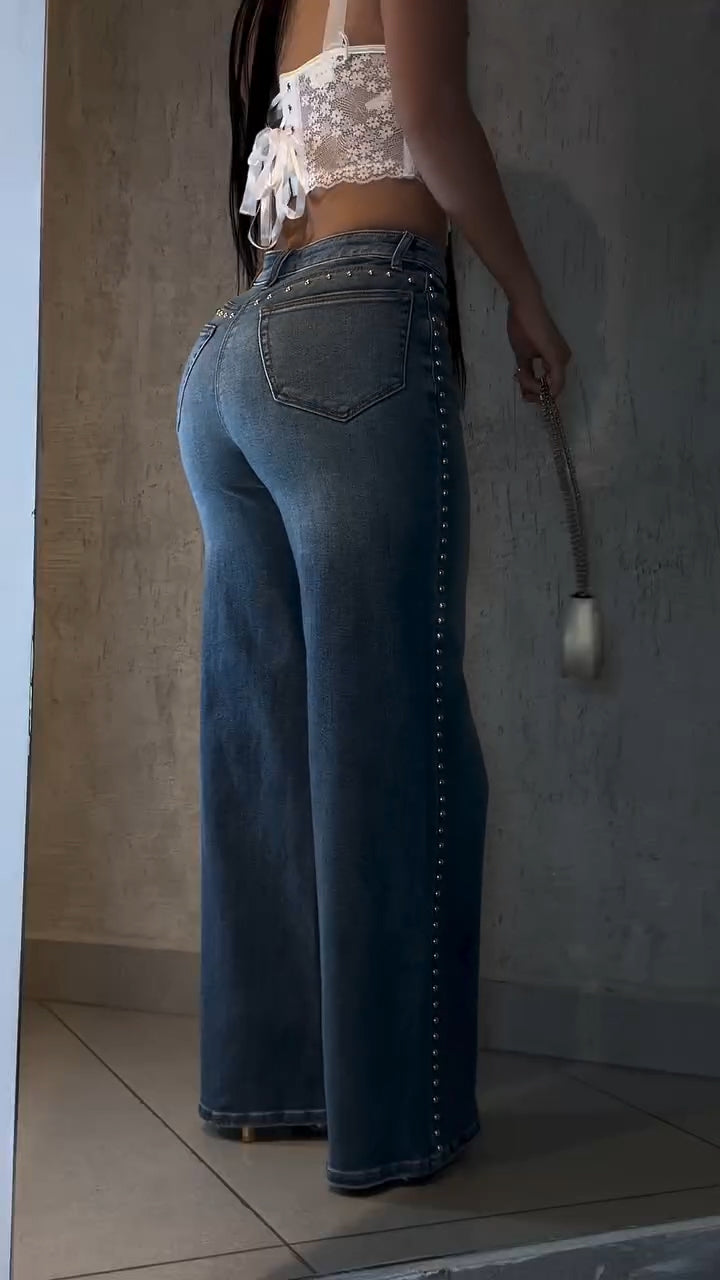 Women High Waisted Nail Bead Washed Casual Jeans