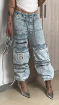 Women Drawstring Spliced Multi Pocket Casual Jeans