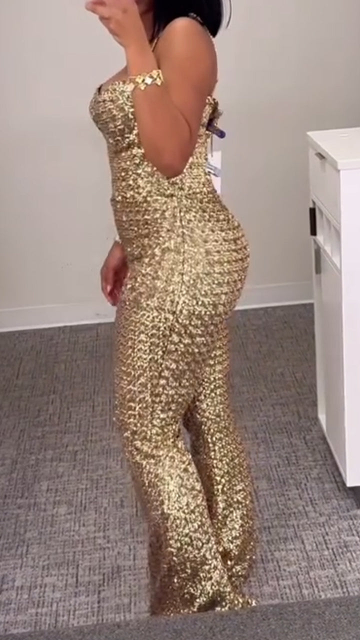 Women Spaghetti Strap Sparkling Temperament Jumpsuit