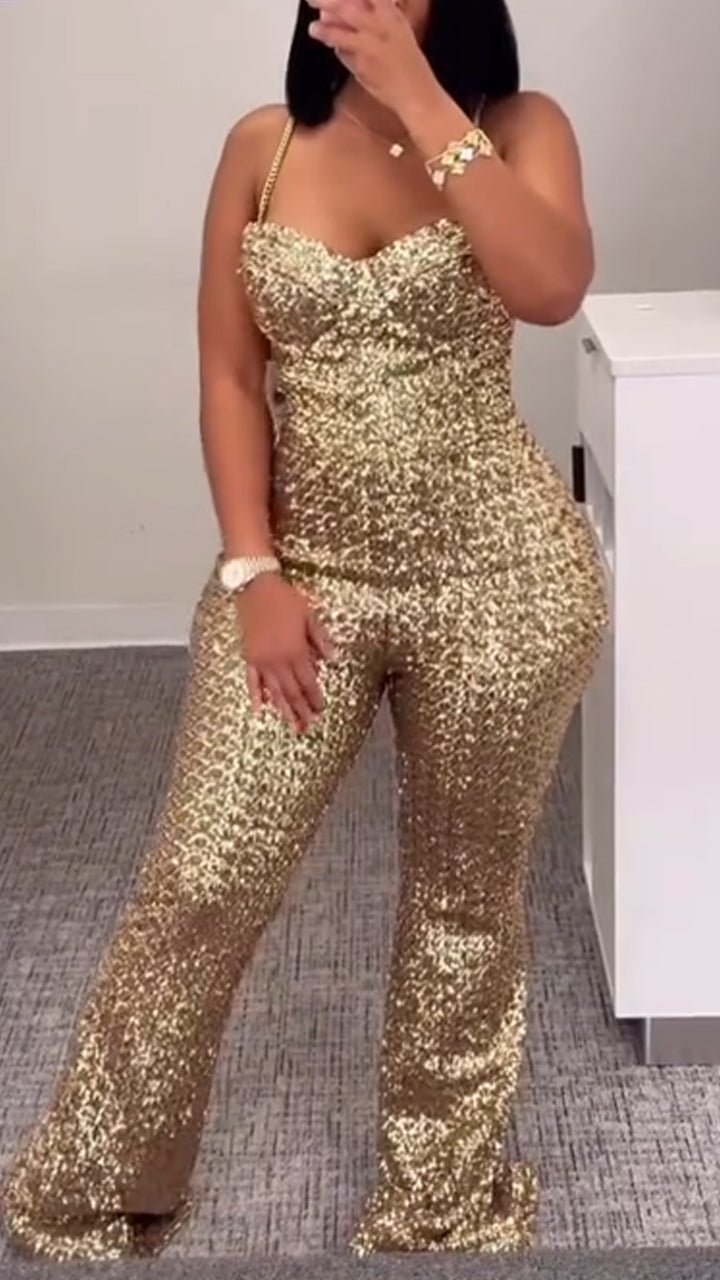 Women Spaghetti Strap Sparkling Temperament Jumpsuit