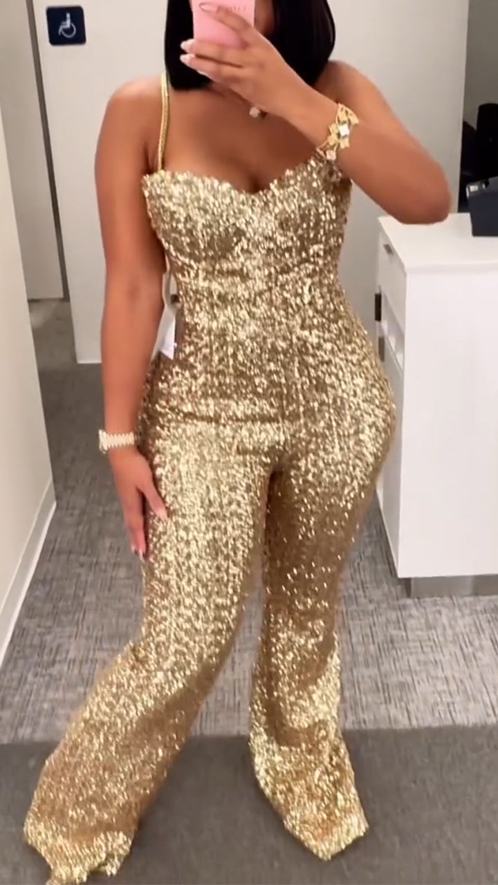 Women Spaghetti Strap Sparkling Temperament Jumpsuit