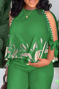 Ladies' Retro Leaf Print Slit Sleeve Top And Pants