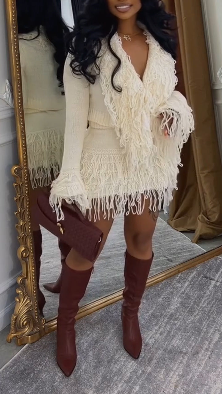Women V-neck Patchwork Tassel Top+ Half Skirt Casual Set