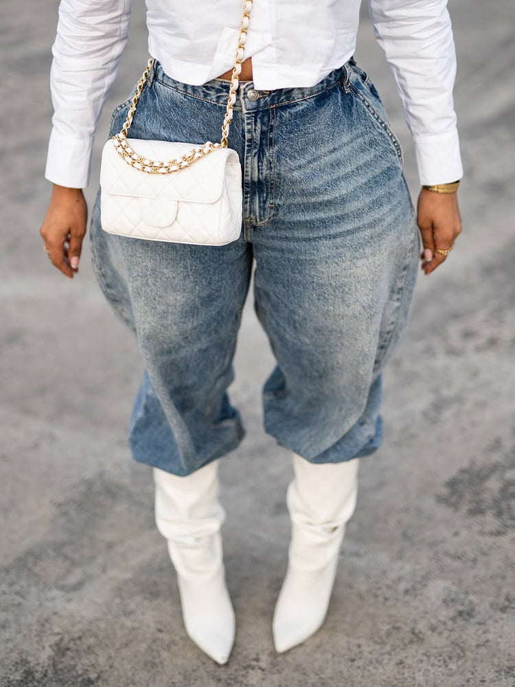 Women Collar Shirt+ Washed Jeans Casual Set