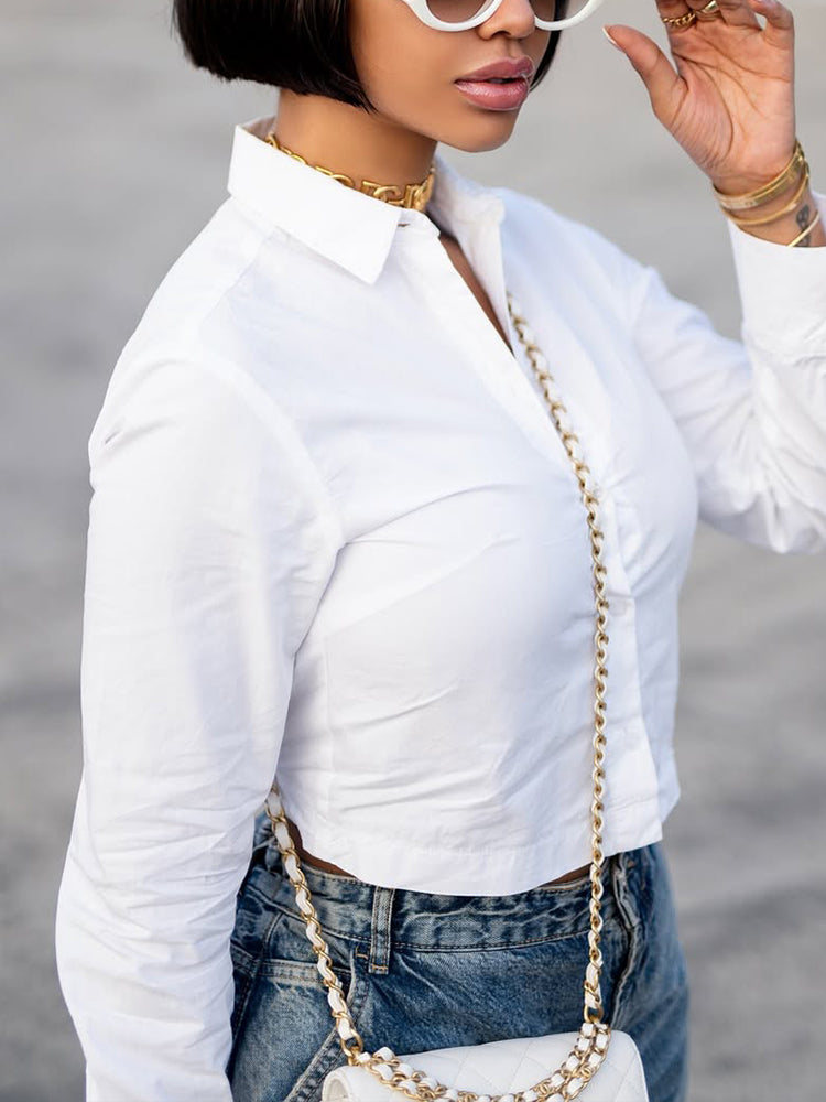 Women Collar Shirt+ Washed Jeans Casual Set