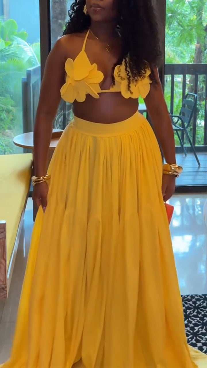 Women Neck Hanging Top+ Half Skirt Solid Color Casual Vacation Style Set