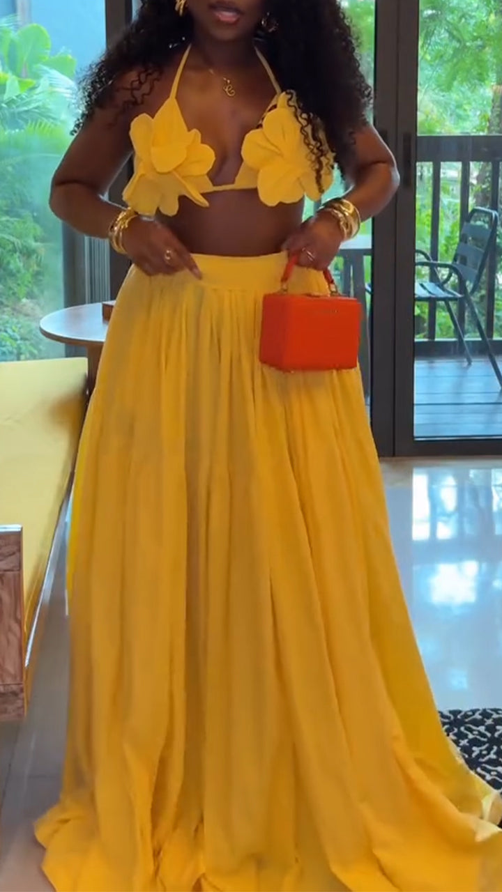 Women Neck Hanging Top+ Half Skirt Solid Color Casual Vacation Style Set