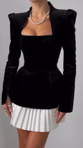 Women Square Neck Velvet Top+ Pleated Half Skirt Elegant Temperament Set